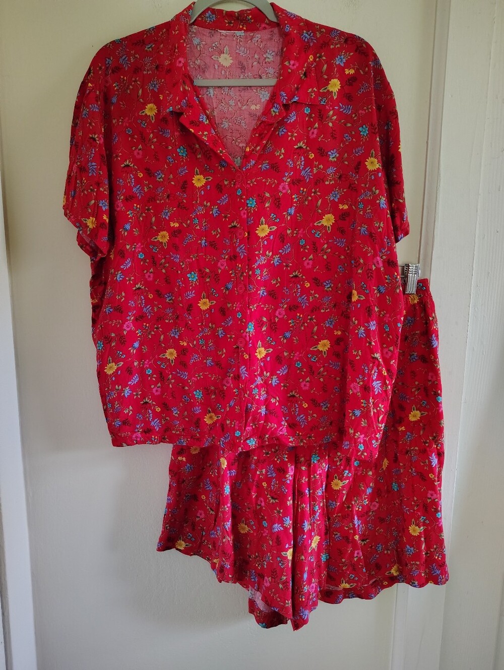 Vintage Bobbie Brooks Red Floral 2pc Short Set XL Retro Summer Flowy Casual Boho